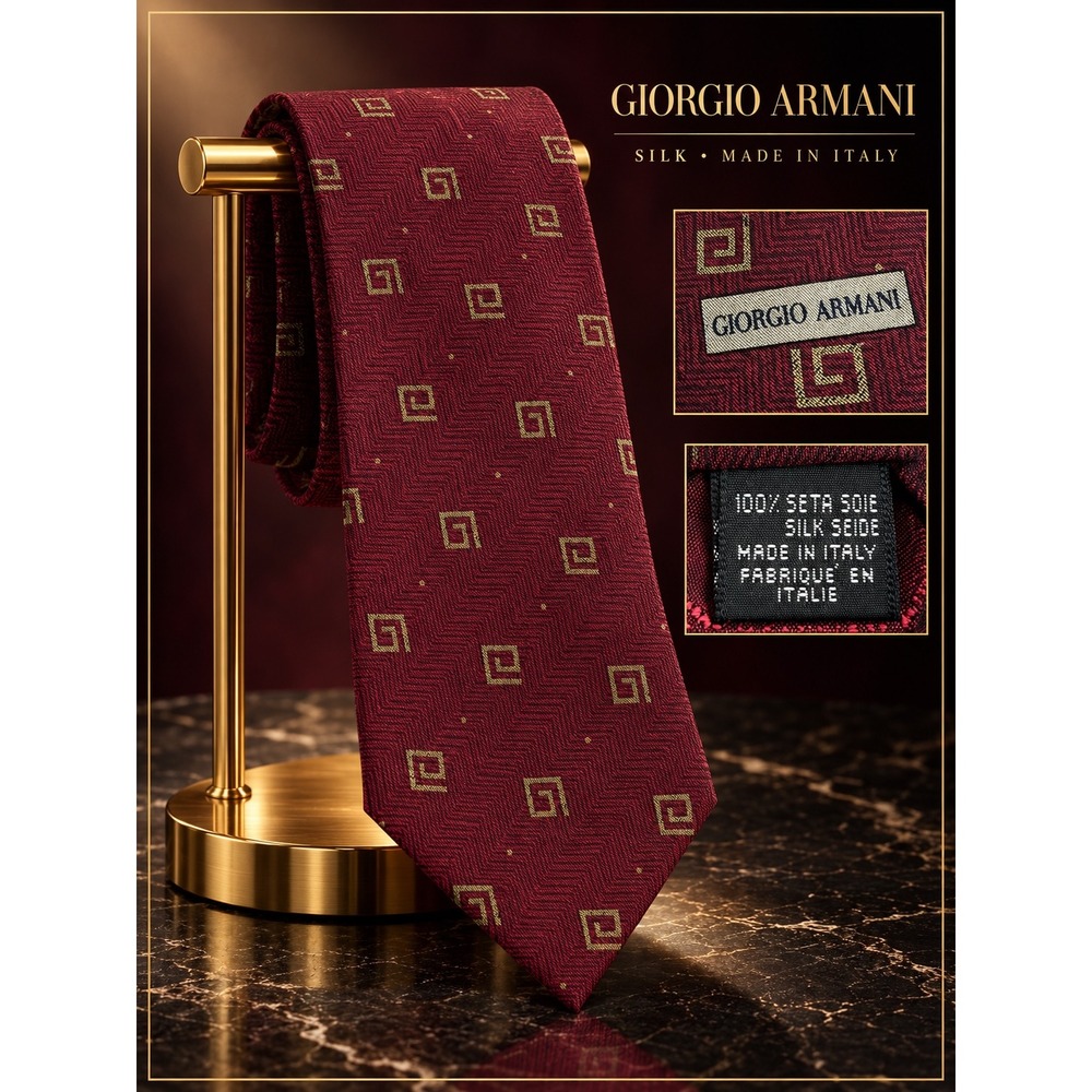 Giorgio Armani Cravatte Silk Tie Burgundy Red Geometric Herringbone Italy
